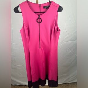 DKNY Retro Colorblock Jersey Dress Zip Front Pockets Fuschia Black 8